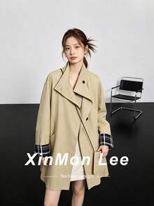 Stunning Stand Collar Trench Coat Jacket Button-Up Top For Office, Daily Wear, Dating, Spring And Autumn - Khaki - View 1