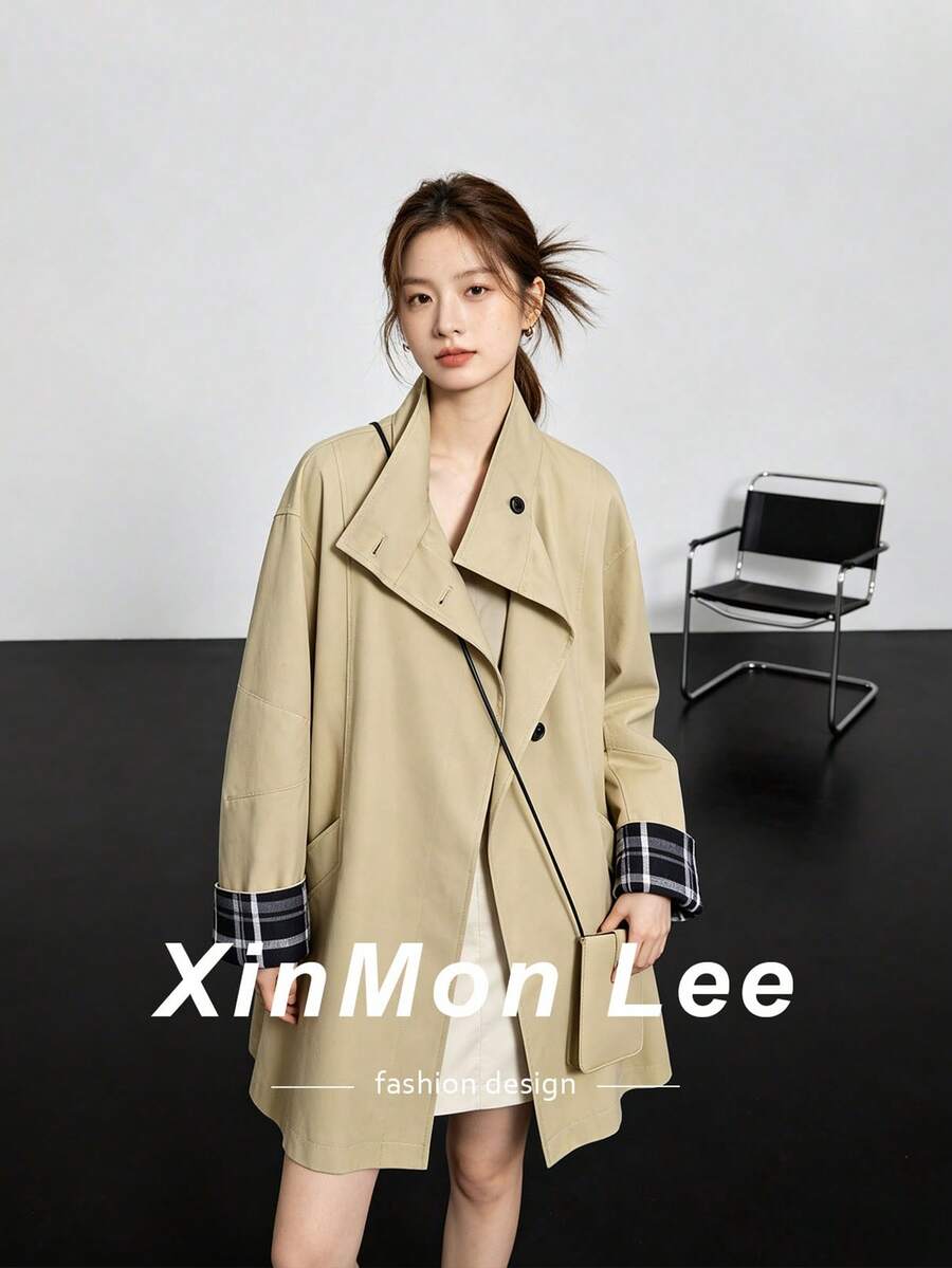 Stunning Stand Collar Trench Coat Jacket Button-Up Top For Office, Daily Wear, Dating, Spring And Autumn - Khaki - View 1