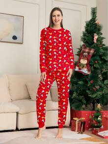 Women's 2 Pieces Christmas Pajama Set, Round Neck Snowman Christmas Tree & Deer All-Over Print Top With Matching All-Over Print Pants, Holiday Loungewear Set - Multicolor - View 5