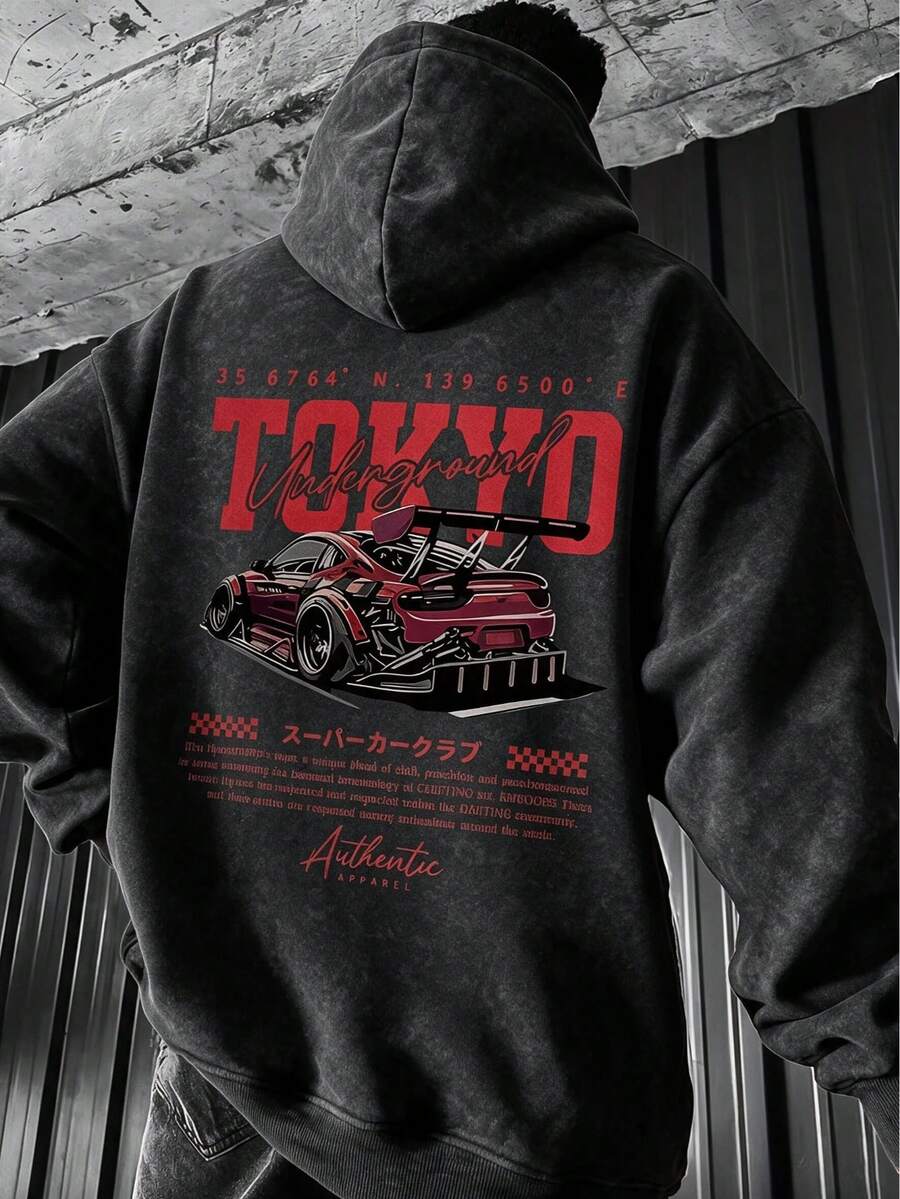 American Street Racing Element Print Hoodie, Vintage Snowflake Washed Distressed Loose Fit Pullover Sweatshirt, Men's Autumn/Winter - Black - View 1