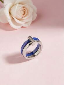1pc Exquisite Stainless Steel Ceramic Cubic Zirconia Ring, Women's Jewelry, Wedding Party Date Gift - Blue Steel - View 2