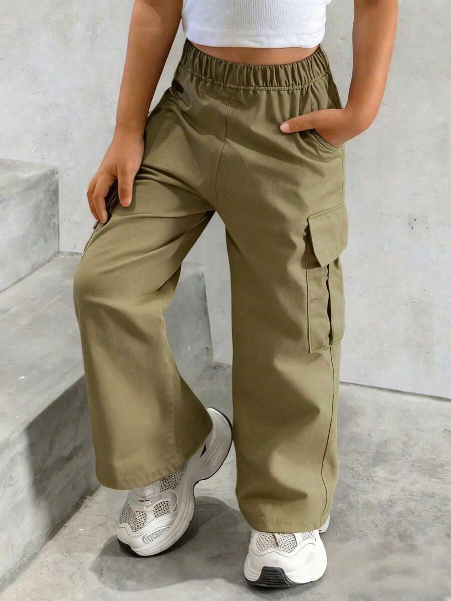 1 buah Celana Kargo Panjang Lurus Kasual Warna Polos Sederhana untuk Anak Perempuan, Banyak Saku, Bahan Polyester, Cocok untuk Usia 4-7 Tahun, Musim Gugur/Dingin Kembali ke Sekolah - Unta - View 1