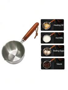 Multifunctional Stainless Steel Cooking Pot With Heat-Resistant Wooden Handle, For Hot Oil, Hot Milk, Sauce Preparation, Boiling Eggs, Home Kitchen Gadget - View 8