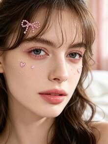 1pc Pink Heart Butterfly Face Rhinestone Sticker With Tweezers, Stage Party Music Festival Face Decoration Sticker, Self-Adhesive Crystal Face Sticker No Glue Needed - Pink - View 3