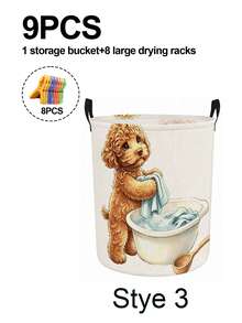 Watercolor Teddy Dog Pattern Design Foldable Laundry Basket With Laundry Clips, Breathable Fabric Dirty Clothes Bin, Bathroom Bedroom Storage Box, Miscellaneous Storage Basket, Suitable For Bathroom Bedroom Living Room, Home Gift - Multicolor - View 13