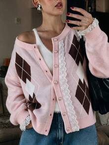 Fall/Winter Pink Argyle Lace Casual Blouses Knit Cardigan - Pink - View 7