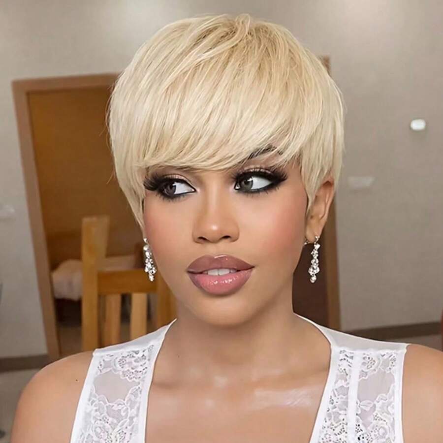 613 Blonde Color Pixie Cut Wig Short Straight Human Hair Wigs For Women Full Machine Made Wig - S60 - View 1