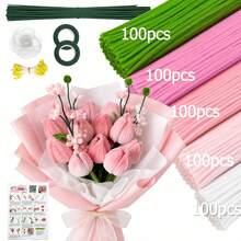 424/674pcs Pink Tulip Handmade Craft Kit, Chenille Soft Pipe Stems, Flower Stems, Stamens, Tape, Ribbons, With Tutorial Video, Suitable For Beginners, DIY Handmade Creative Decoration, Graduation, Birthday, Wedding Party Gift, Mother's Day, Valentine's Day - Pink Series - View 2