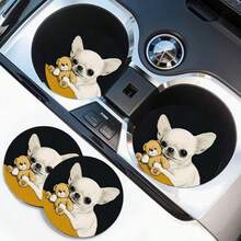 2pcs Patterned Absorbent Coasters, Suitable For Cup Holders, Non-Slip Rubber Beverage Mats, For Car Interior Decoration, Water Cup Anti-Slip Pads, Car Cup Holders - Chihuahua Coaster - View 7
