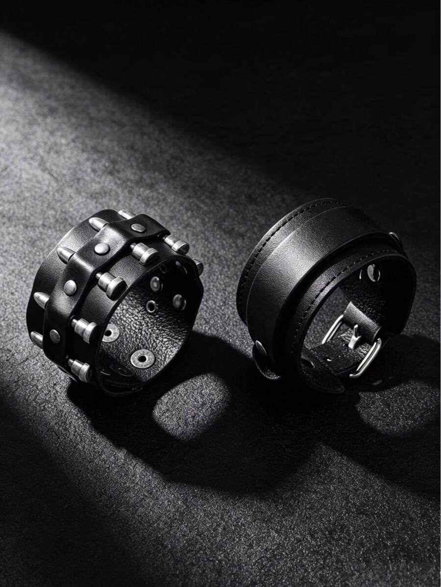 2pcs Punk Style Sports Casual Geometric Design Bracelets, Suitable For Men's Party, Sports, Fashion Wear, Exquisite Bracelet Gift For Men - Black - View 1