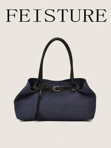 FEISTURE 1件大容量女款扣飾肩背包，時尚手提托特包，適合女孩、女性、大學生、職場新人與白領上班族，完美適用於工作、商務、通勤與上學 - 黑色 - 查看 5