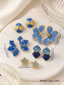 5 Pairs Vintage Multicolor Earrings Set, Gold-Trimmed Floral & Geometric Stud Earrings For Women - Multicolor - View 5