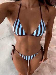 Women's Fashion Purple 2 Pieces Bikini Swimsuit Set, Summer Beach Vacation Style, Random Print - Blue-brown - View 9
