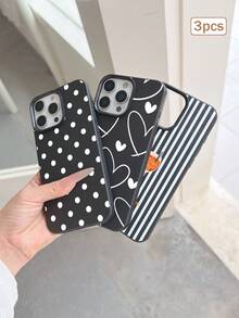 3件裝波點愛心條紋元素 TPU 防震全包覆精準保護殼，適用於 Apple 11/12/13/14/15/16/17 Pro Max - 彩色 - 查看 5