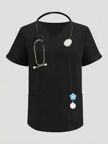Solid Color V-Neck Short Sleeve Top And Split Leg Pants, Lab/Nurse/ Scrub Set With Pockets Fall Black - Black - View 5