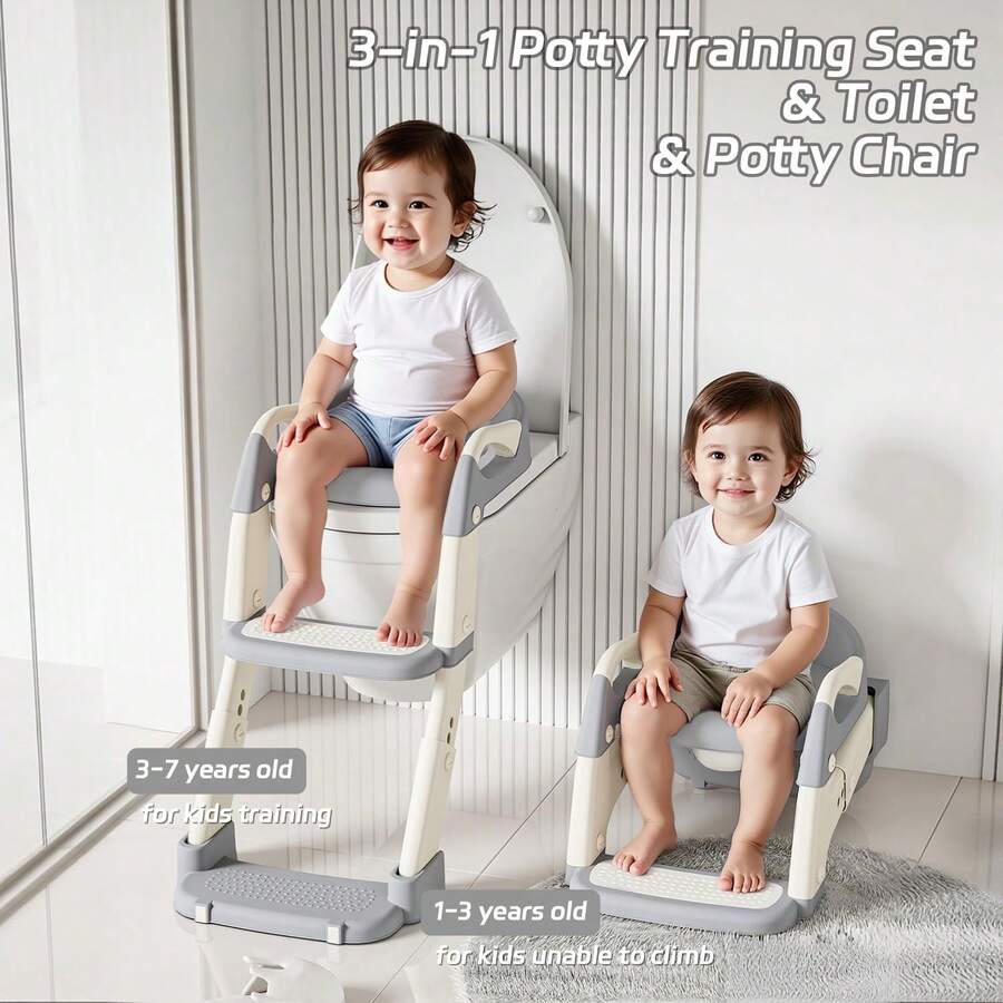 UBRAVOO 2-In-1 Toddler Potty Training Seat With Step Stool Ladder, Foldable Potty Chair With Soft Cushion & High Backrest, Adjustable Toilet Trainer - Grey - View 1
