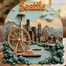 Seattle Arch-Framed Space Needle And The Ferris Wheel Over The Bay Where The City Embraces The Waterfront In Soft Hues Keepsake For All Metal Surfaces Throughout The Home - A - View 1