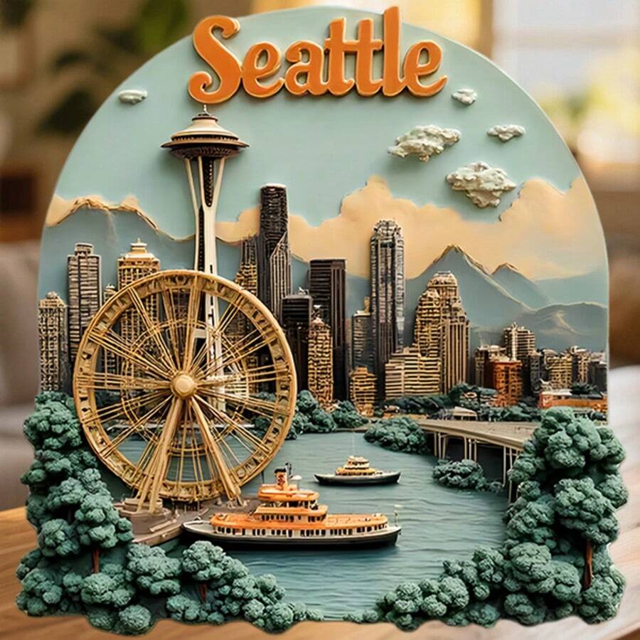 Seattle Arch-Framed Space Needle And The Ferris Wheel Over The Bay Where The City Embraces The Waterfront In Soft Hues Keepsake For All Metal Surfaces Throughout The Home - A - View 1