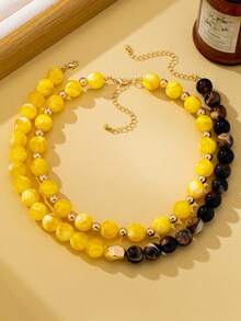 OABE 2pcs/Set Bohemian Style Yellow And Brown Spherical Beaded Necklace, Dual-Color Contrast Design, Layering Style, Suitable For Women's Daily Wear - Multicolor - View 5