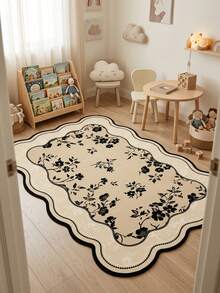 1pc Beige Base Black Line Scattered Floral Vine Pattern Vintage French Country Style Area Rug, Exquisite Elegant Design Faux Cashmere Asymmetrical Wavy Edge Rectangular Multi-Layer Black Outline & Scattered Black Flower Details Machine Washable Suitable For Living Room Bedroom Balcony All Season Home Decor - Multicolor - View 4