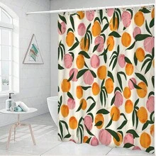1pc Cartoon Peach Pattern Shower Curtain, Waterproof Polyester Fabric Shower Curtain, With 12 Hooks, 72"W X 72"H, Bathroom Decor, Bathroom Accessories - Orange - View 4