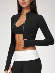 NcmRyu Women's One Piece Solid Color Stand Collar Zipper Thumb Hole Cuff Short Jacket Coat, Autumn/Winter - Black - View 7