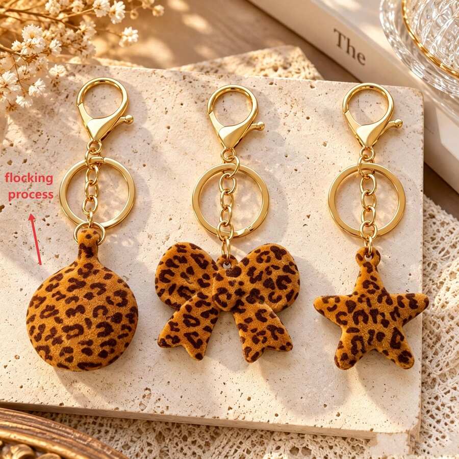 1pc/3pcs Women's Flocked Leopard Print Hollow Bow Star Perfume Bottle Keychain Pendant, Versatile Bag Charm For Autumn/Winter - Multicolor - View 1