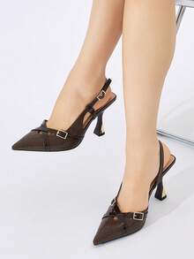 Women's Metal Buckle Cross Strap Slingback Pointed Toe Chunky Heel High Heel Pumps Elegant Dark Brown Mirror Patchwork Low Vamp Shoes Suitable For Party Daily Wear Spring Summer Autumn Winter - Coffee Brown - View 4