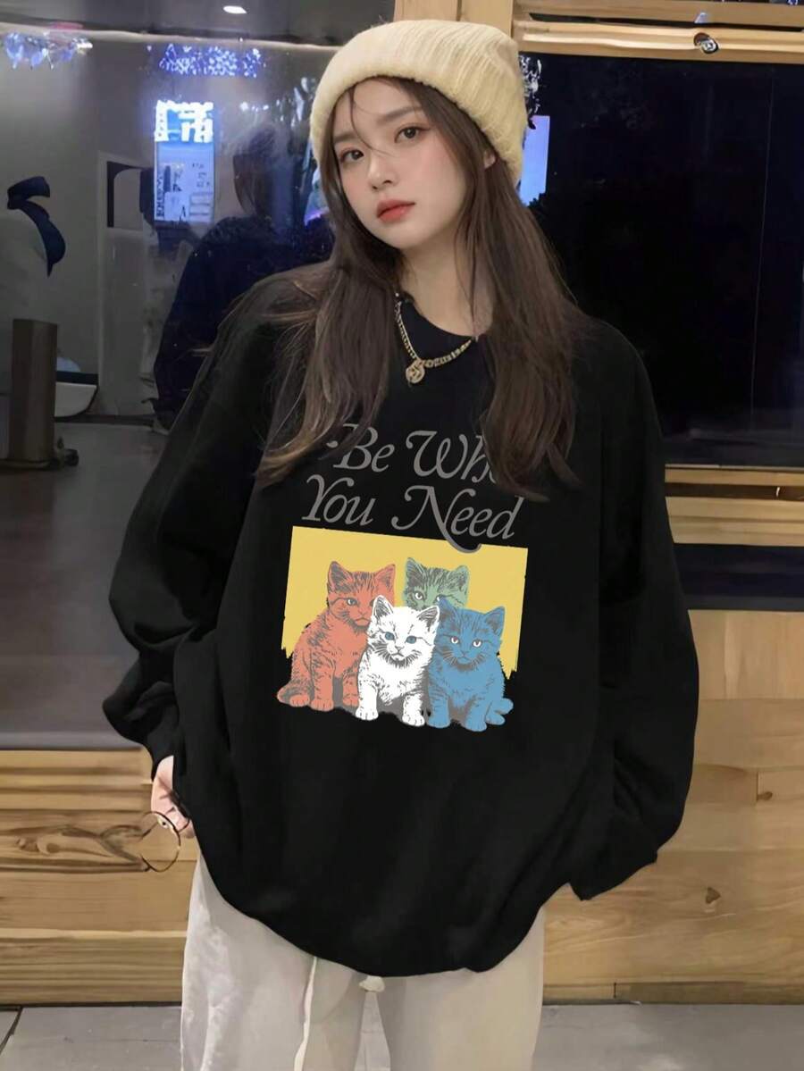 Korean Style Cute Cat Pattern Crew Neck Sweatshirt Women Autumn Oversize Drop Shoulder Simple Versatile Pullover - Black - View 1