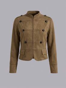 Women's Button-Up Short Jacket, Brown Stand Collar Vintage Style, French Chic - Brown - View 7
