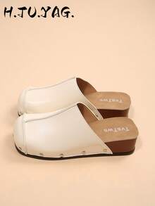 Women's New Autumn/Winter Flat French Retro Versatile Slip-On Shoes, Soft Sole With Thermal Lining, Square Toe Commuter Casual Beach Slides - Beige - View 2