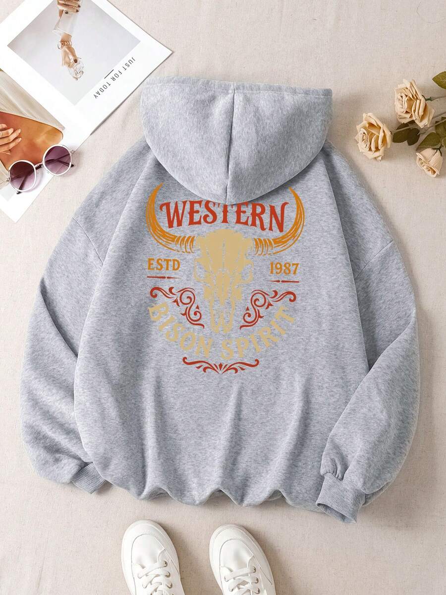 Women's Plus Size Western Skull Print Sweatshirt, Long Sleeve Drawstring Pullover, Comfortable Autumn/Winter Apparel - Light Grey - View 1