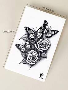 1pc Aesthetic Personalized Butterfly Rose Pattern Party Gift Holiday Gift DIY Music Festival Temporary Tattoo Sticker For Shoulder Neck Collarbone Back Hip Waterproof Body Skin - Black - View 7