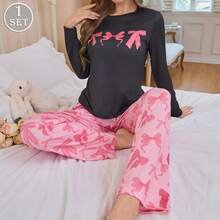 Women's Pajama Set, Round Neck Long Sleeve Bow Print Top And Loose Pants, 2 Pieces Casual Loungewear Set For Spring And Autumn - Pink - View 6