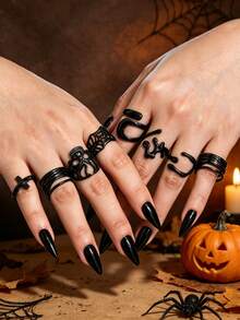 4pcs Stainless Steel Halloween Black Ring Set, Gothic Skull Spider Web Open Rings, Dark Cool Party Gathering Photo Shoot Costume Decoration Hand Jewelry - Black - View 1