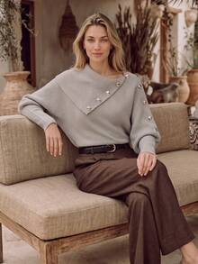 NiceArt Women's Autumn/Winter Vintage Asymmetrical Collar Knit Sweater, Metal Button Long Sleeve Pullover, Autumn Outfit, Party, Halloween - Khaki - View 8