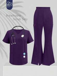 V-Neck Short Sleeve Top And Split Leg Pants, Lab/Nurse Scrub Uniform Suit, Veterinary/ Hospital/Private Care Work Outfit Set With Pockets Spring Fall - Violet Purple - View 4
