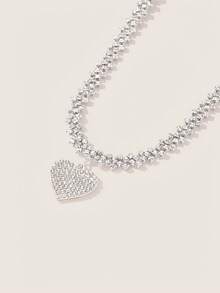 Valisandre 1pc Dazzling Rhinestone Claw Chain & Heart Shaped Pendant Necklace For Ladies As Date Gift Valentines - Silver - View 3