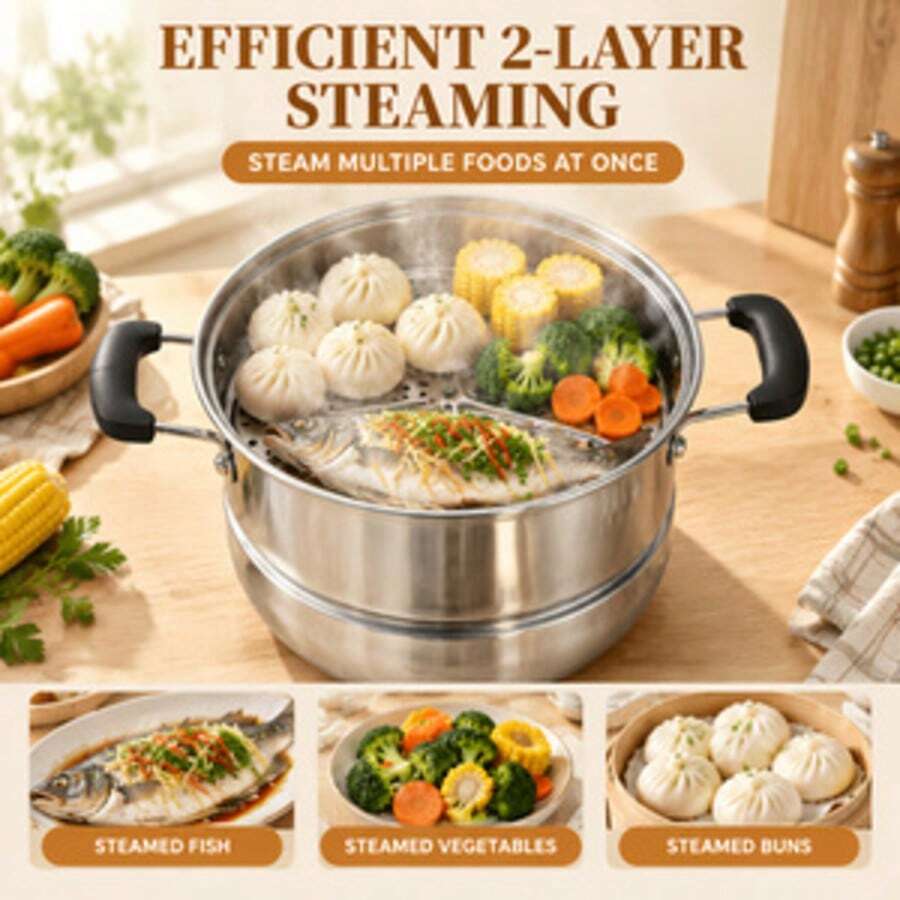 24cm Thickened Stainless Steel Multi-Function Korean Style Soup Pot, Double Layer Steamer And Cooker, Home Stew Pot With Lid, Dual Handles Anti-Scald Cookware, Suitable For Gas Stove And Induction Cooktop, Includes 1 Steamer Plate For Steaming Seafood And Eggs