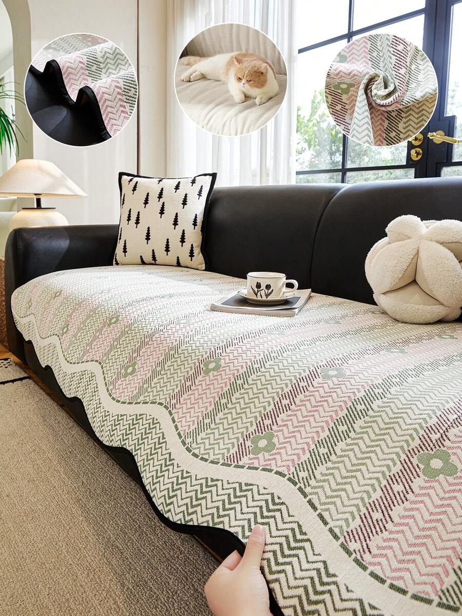 1PC French Countryside Style Colorful Floral Pattern Sofa Cushion Cover – Scalloped/Shaped Edge Design, All-Season, Non-Slip & Dustproof, Pet-Friendly - Pink - View 1