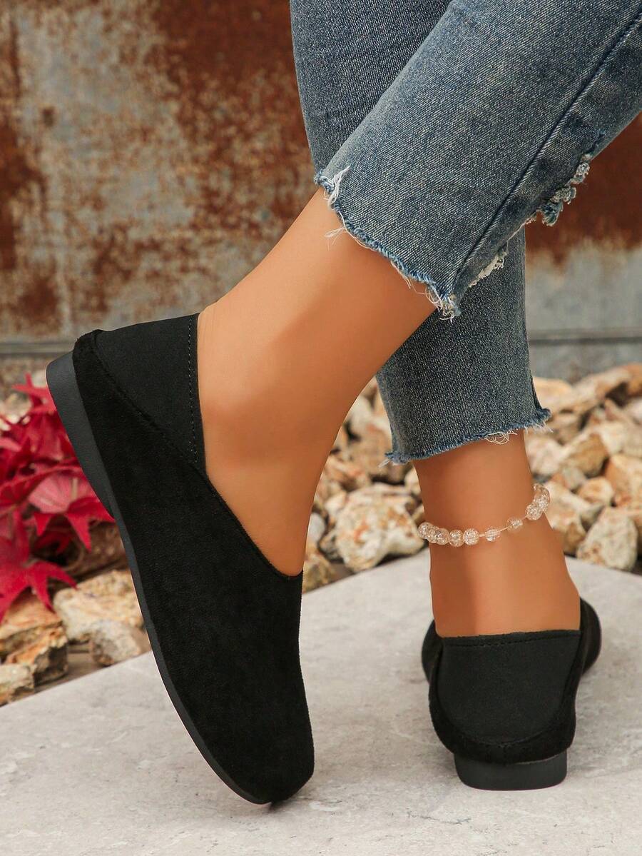 Spring Summer Autumn Comfortable Casual Flat Slip-On Shoes Suede Round Toe Lightweight Anti-Slip Wear-Resistant Versatile Black Flat Shoes - Black - View 1