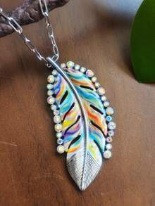 1 Set Painted Feather Rhinestone Pendant Necklace & Earrings Set, Western Vintage Distressed Silver Colorful Rhinestone Feather Earrings, Multi-Color Accessories - Necklace+Earrings - View 16