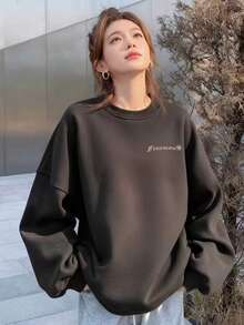 Dark Style Symmetrical Floral English Circular Print Black Crew Neck Sweatshirt, Lazy Slimming Casual Top - Black - View 5