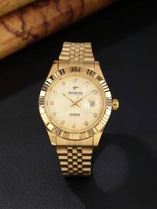 RICECGO 1pc Business Gold Men's Quartz Watch - Gold - View 6