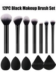 7/12Pcs Black Cosmetic Makeup Tool Set,7Pcs Premium Soft Makeup Brushes For Eyeshadow,Foundation,Blush & Contour,3Pcs Makeup Sponges,2Pcs Triangle Powder Puffs,Multi‑Functional Face Makeup Applicator Collection For Daily Use - Black - View 8