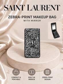 YSL Zebra Print Makeup Bag With Mirror, 12*6.5cm, Single Piece, Built-In Mirror, Lightweight And Portable, Perfect For Storing Cosmetics, Suitable For Daily Use And Travel Touch-Ups - Black and White - View 2