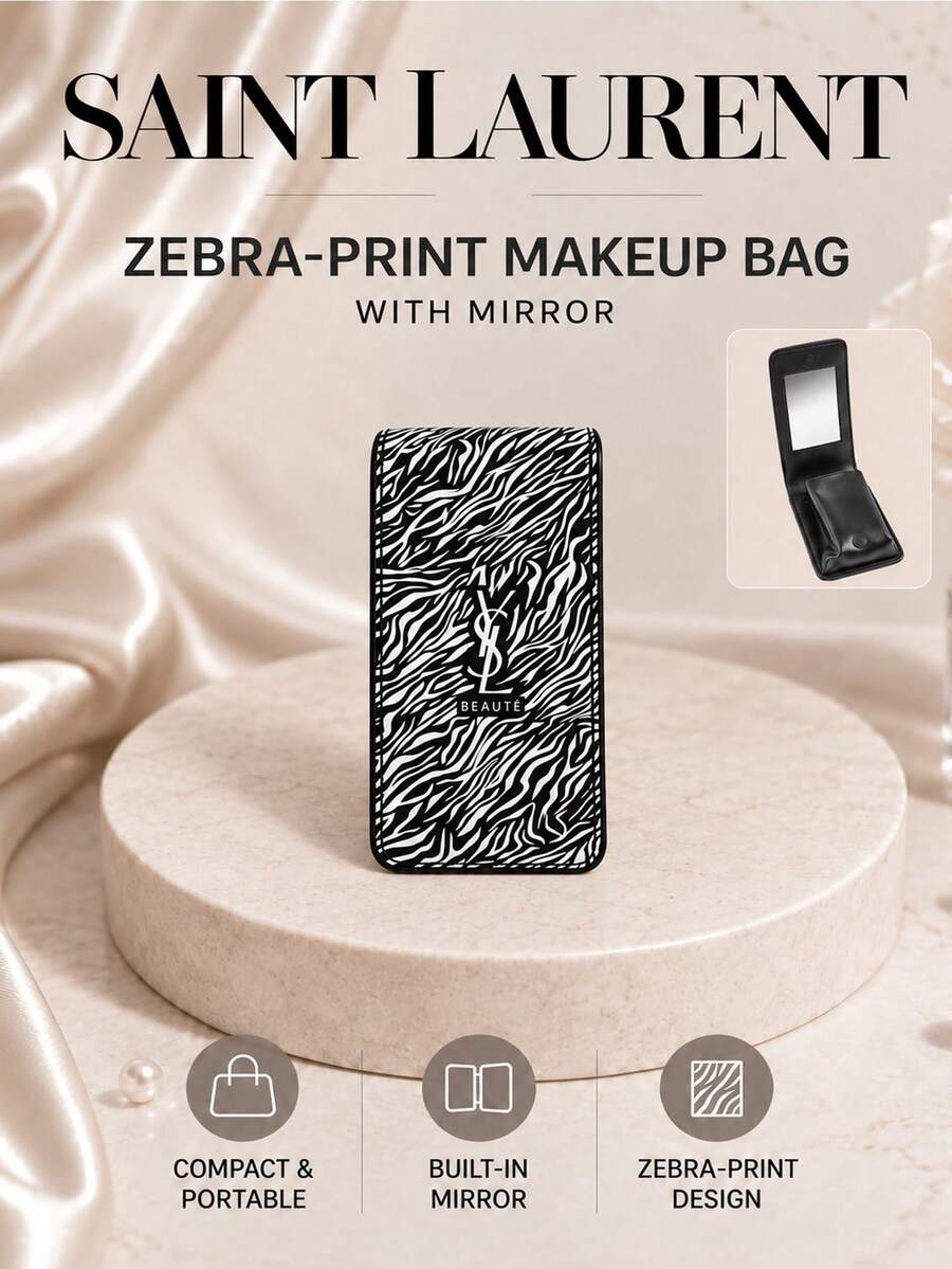 YSL Zebra Print Makeup Bag With Mirror, 12*6.5cm, Single Piece, Built-In Mirror, Lightweight And Portable, Perfect For Storing Cosmetics, Suitable For Daily Use And Travel Touch-Ups