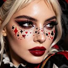 6PCS Halloween Poker Card Suit Face Temporary Tattoo Stickers, Heart Spade Club Diamond Playing Card Symbols Face Decals, Sparkly Poker Pattern Face Stickers For Cosplay, Halloween Costume, Carnival Party Makeup Accessories - Multicolor - View 5