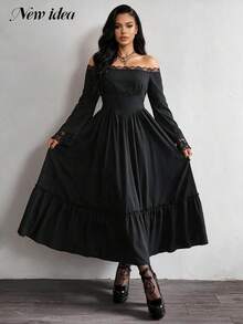NEW IDEA Women Gothic Elegant Black Fall Winter Midi Dress, Off Shoulder Lace Trim Ruffle Hem Dress For Halloween, Night Out, Party, Going Out - Black - View 1