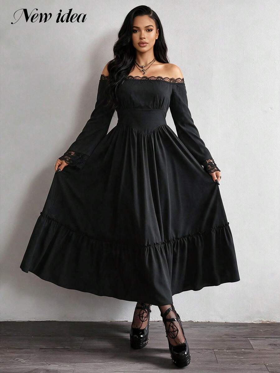 NEW IDEA Women Gothic Elegant Black Fall Winter Midi Dress, Off Shoulder Lace Trim Ruffle Hem Dress For Halloween, Night Out, Party, Going Out - Black - View 1